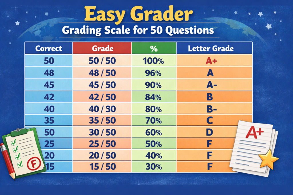 easy grader grading scale for 50 questions