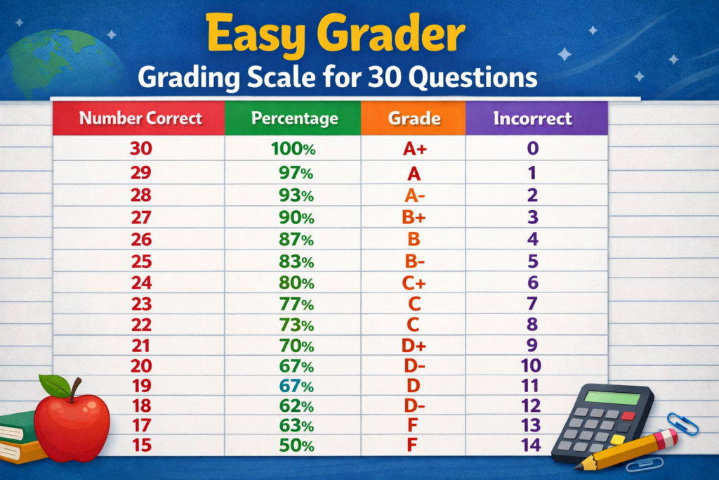 easy grader grading scale for 30 questions